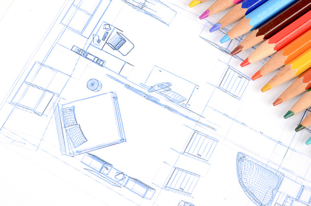 Color pencils and house blueprint - Foto, afbeelding