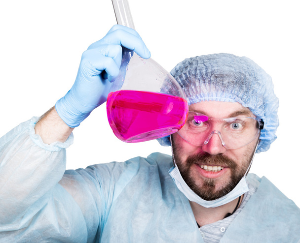 Funny crazy emotional chemist with flask. mad scientist in his laboratory experimenting on secret formulas. - Fotó, kép