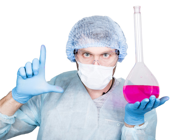 Funny crazy emotional chemist with flask. mad scientist in his laboratory experimenting on secret formulas. - 写真・画像