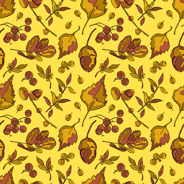 Autumn forest: leaves, acorns, berries. Seamless vector pattern (background). - Вектор, зображення