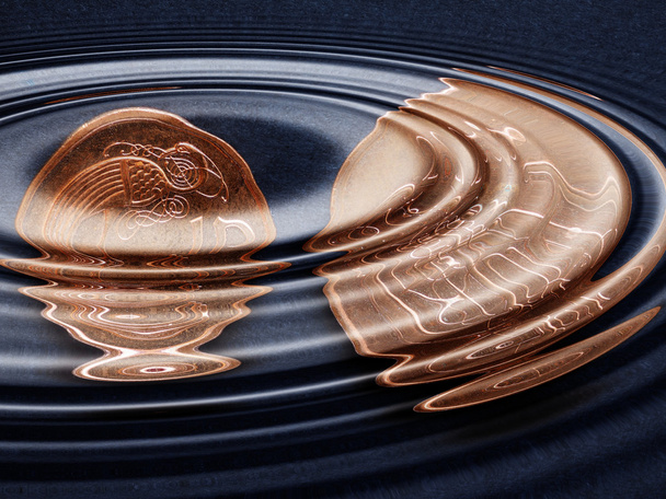 Libra irlandesa (IEP) 1 y 2 peniques monedas bajo ondulaciones de agua
 - Foto, imagen