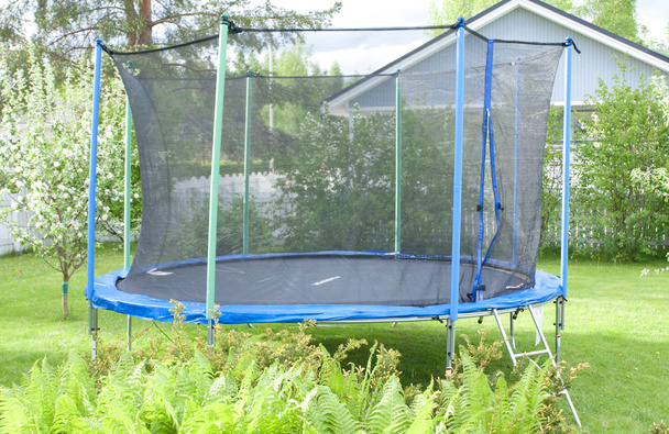 Cama elástica azul en el césped en el jardín
 - Foto, Imagen