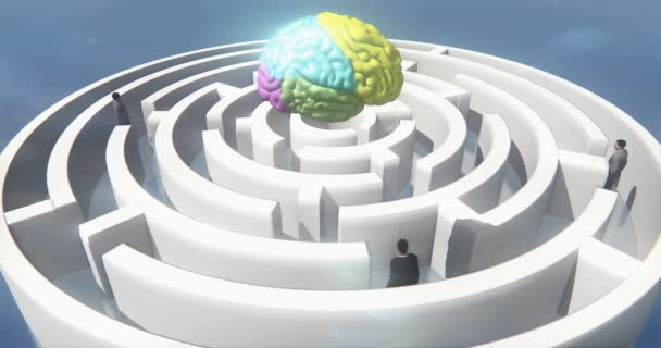 Cerveau de couleur 4k au-dessus du labyrinthe, hommes d'affaires debout, intelligence artificielle
. - Séquence, vidéo