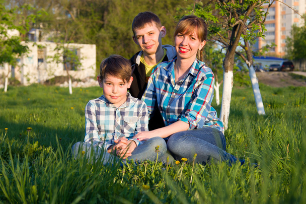 Family sitting on the grass in the park - Fotoğraf, Görsel