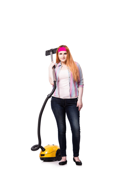 Funny housewife with vacuum cleaner isolated on white - Фото, изображение
