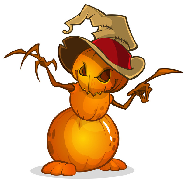Scarecrow with pumpkin head in a witch hat and rags. Cartoon style pumpkin head with hands. Vector isolated - Vektör, Görsel