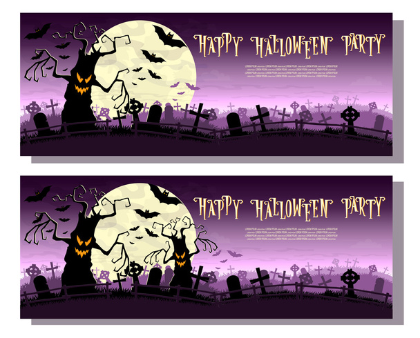 Halloween background. Scary monsters trees on old cemetery backdrop moon, bats and graves. Design for concept banner, poster, cards or invites on party. Cartoon style. Vector illustration - Vector, Image