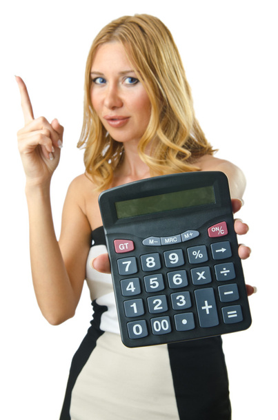 Femme comptable avec calculatrice sur blanc
 - Photo, image