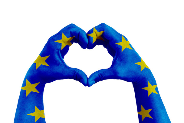 pray for europe, man hands in the form of heart with the flag of europe on the white background - Φωτογραφία, εικόνα