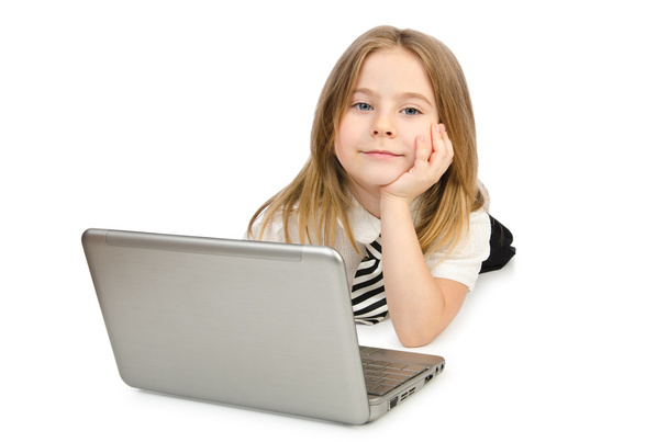 Cute girl with laptop on white - Foto, Imagen