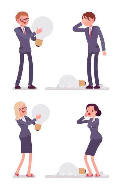 Businessmen and women with light bulbs, one is broken - Vector, Image