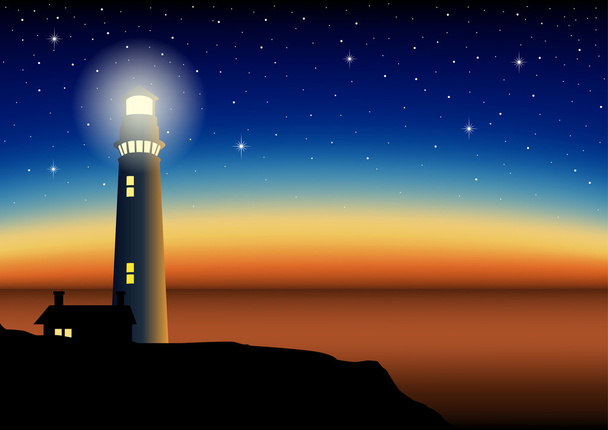 日没時に灯台のイラスト - ベクター画像