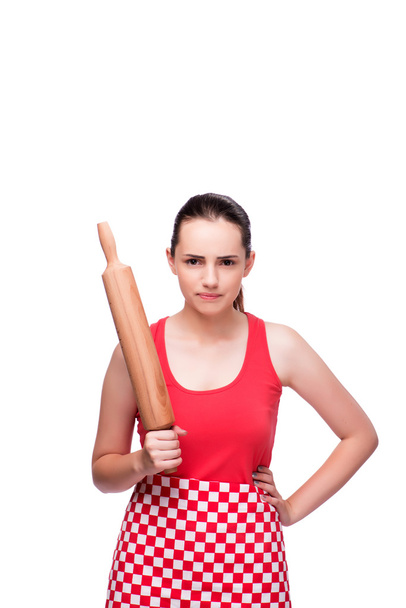 Young angry woman with rolling pin isolated on white - Photo, Image