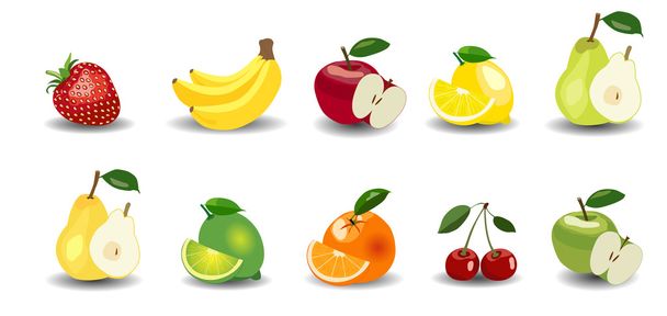 Φρέσκα μήλα, μπανάνες, αχλάδια, πορτοκάλια, λεμόνι, λάιμ, φράουλα και κεράσι - Διάνυσμα, εικόνα