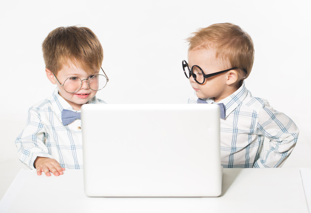 Two cute baby with laptop isolated in studio. - Foto, Bild