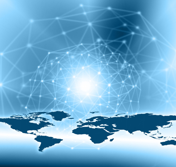 Παγκόσμιο χάρτη σε ένα τεχνολογικό υπόβαθρο, λαμπερό γραμμές σύμβολα του Διαδίκτυο, ραδιόφωνο, τηλεόραση, κινητές και δορυφορικές επικοινωνίες. - Φωτογραφία, εικόνα