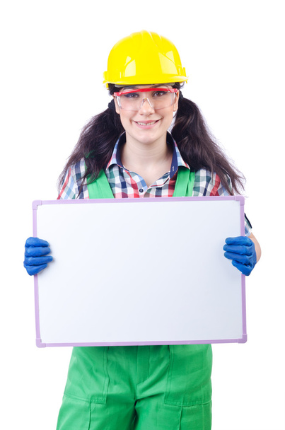 Woman builder with blank board - Foto, Imagem