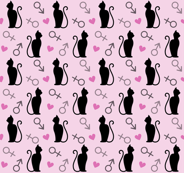 Black cat, heart, male and female signs background - Διάνυσμα, εικόνα