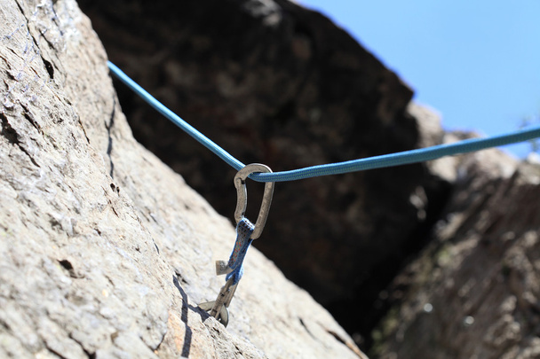 Quickdraw and rope on the rock - Photo, Image