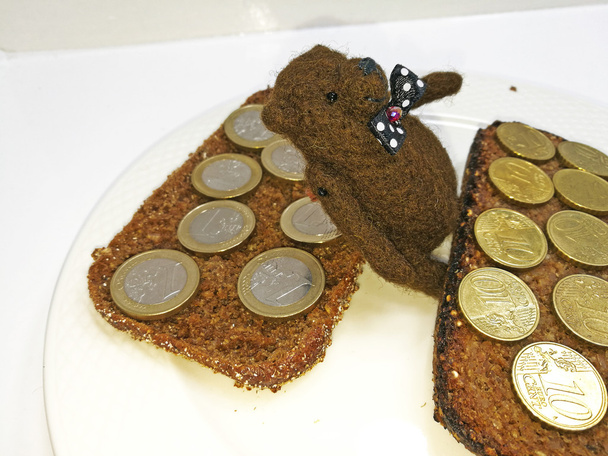 Euro-centmunten op zwart brood - Foto, afbeelding