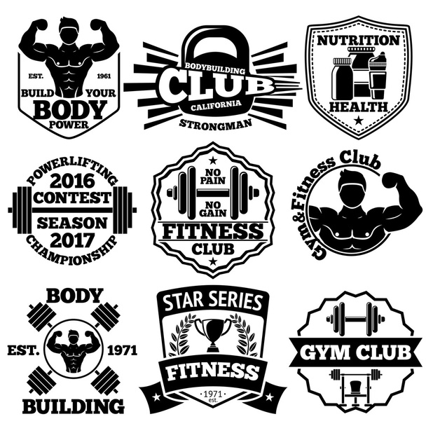 Bodybuilding vettoriale set di distintivi, etichette con - uomo forte, bilanciere, manubri, alloro, calice ecc
. - Vettoriali, immagini