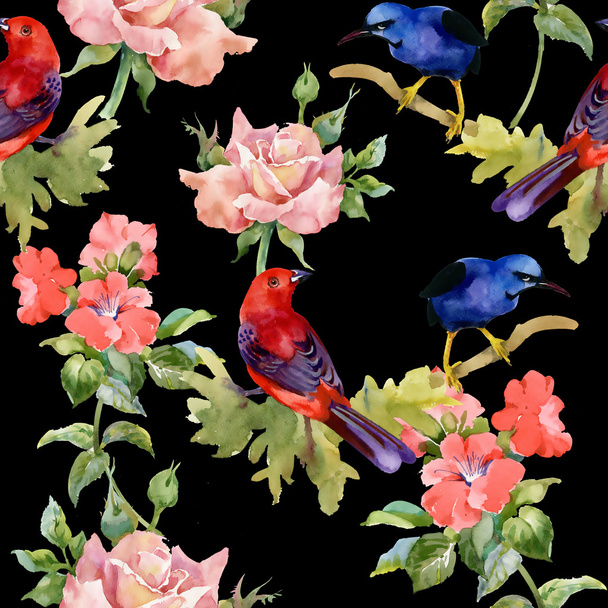Wzór z egzotycznych ptaków z pięknymi kwiatami - Zdjęcie, obraz