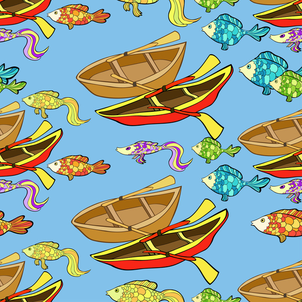 seamless pattern boat, fish on the water background. vector illu - Vector, Image