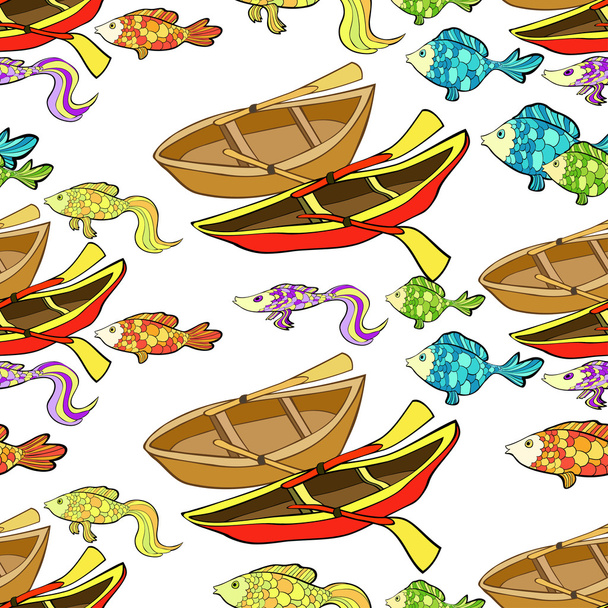 seamless pattern of boat, fish. vector illustration - Vector, Image
