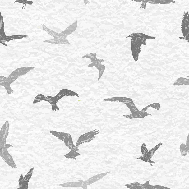 飛んでいる鳥のグランジのシームレスなパターンはホワイト バック グラウンドです。ベクトル図 - ベクター画像