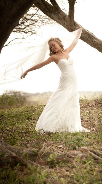 Beautiful carefree bride in forest - Photo, image