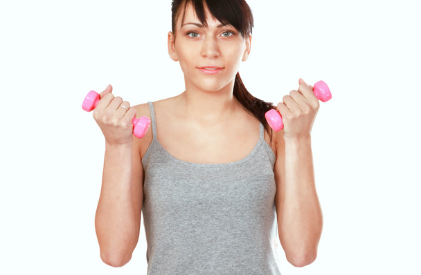 Fitness instructor with dumbbells , isolated on white - Photo, Image