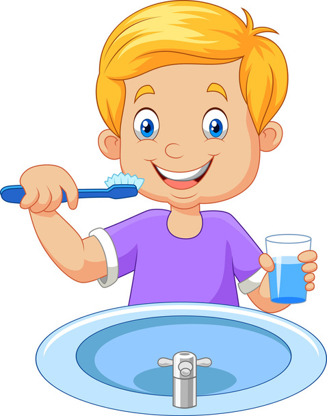 かわいい男の子の歯を磨く - ベクター画像