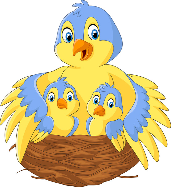 Mother bird with her two babies in the nest - Vector, Image