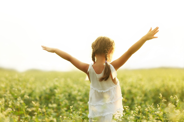 Onnellinen pikkutyttö pellolla aurinkoisena päivänä
 - Valokuva, kuva
