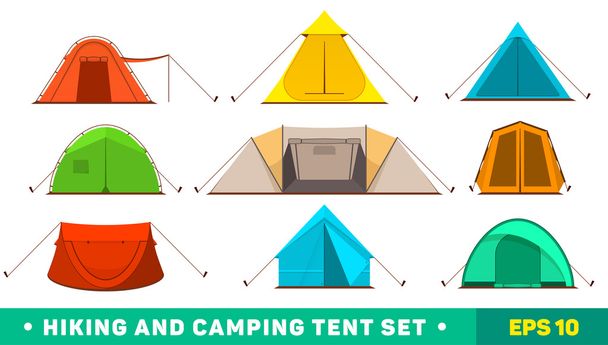 Collection of camping tent icons. Hiking and camping tent set.  - Вектор,изображение