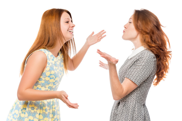 best friends are arguing on a white background isolated - Фото, изображение