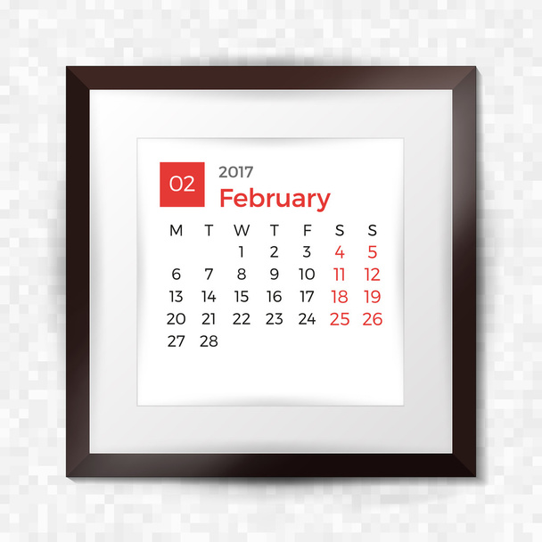 Realistisch vierkant fotolijst met kalender voor februari 2017. Geïsoleerd op pixel achtergrond. Vector illustratie. - Vector, afbeelding