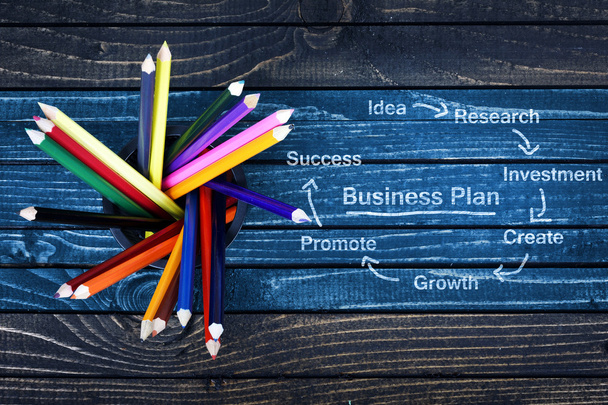 Business plan text painted and group of pencils - Fotoğraf, Görsel