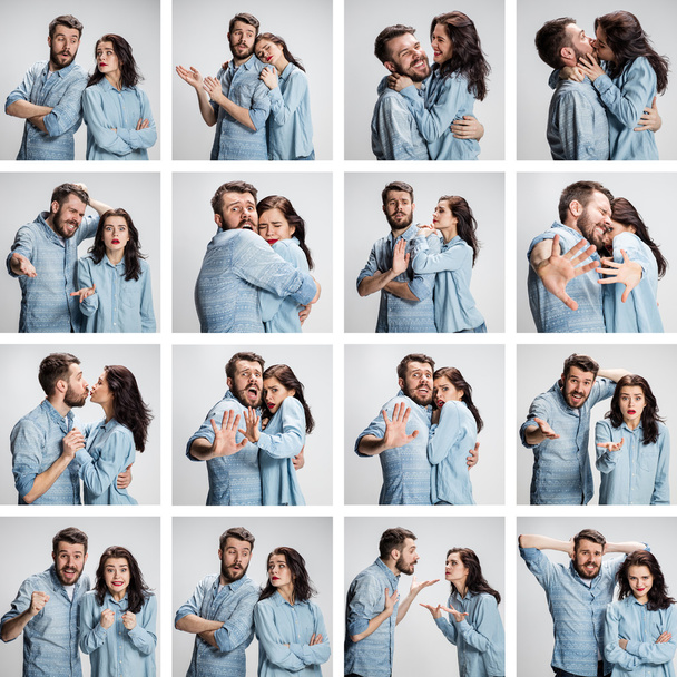 The collage from images of couple on gray background - Foto, immagini