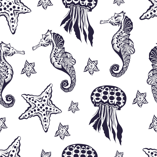 Tema marino inconsútil fondo negro. Patrón sin fin con caballitos de mar, medusas y estrellas de mar
 - Vector, Imagen