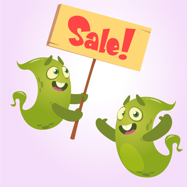 Bonito desenho animado monstro segurando sinal de venda. Monstros verdes definido para compras discout
 - Vetor, Imagem