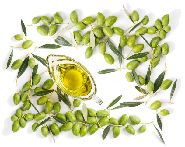 Organic olives and olive oil, above view. - Fotoğraf, Görsel