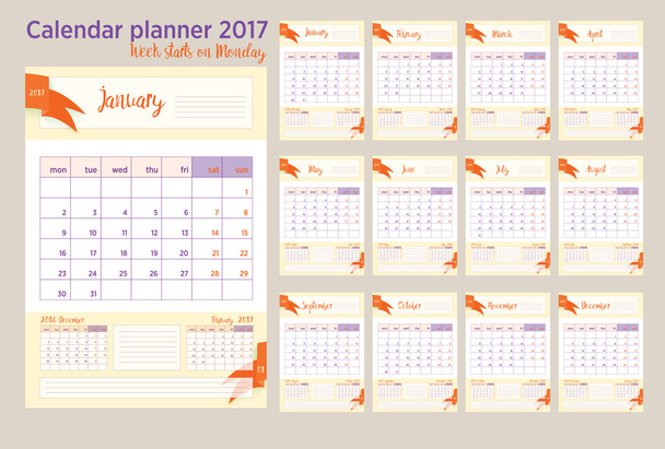 2017 kalendář planner týden začíná v pondělí - Vektor, obrázek