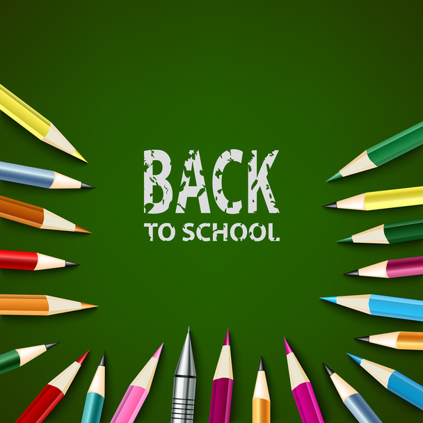 Volver a la escuela con lápices de colores sobre fondo verde
 - Vector, Imagen