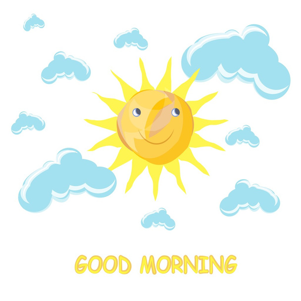 ilustración de vectores de dibujos animados Fanny Buenos días, sol sonriente amarillo y naranja, nubes azules en blanco
 - Vector, Imagen