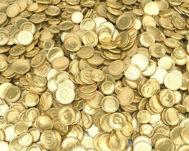 Background of abstract gold coins with different face value - Фото, изображение