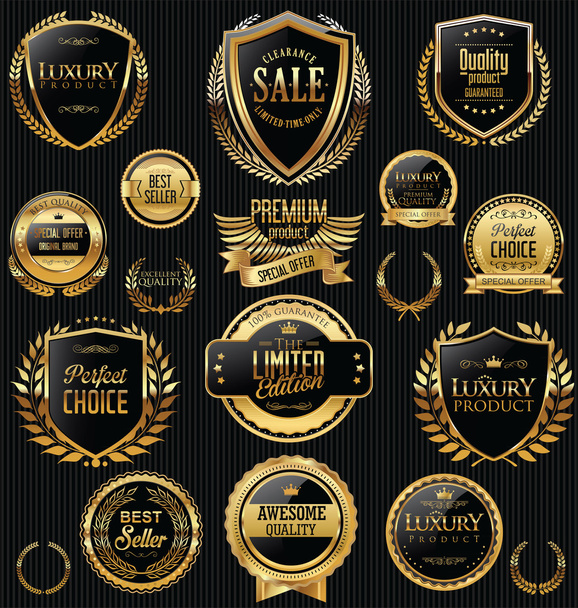Golden sale shields laurel wreaths and badges collection  - Vetor, Imagem