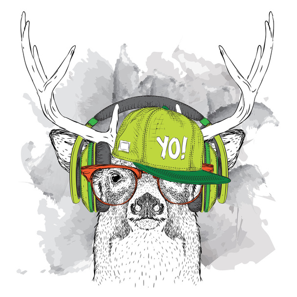 Portret van hert met bril, hoofdtelefoons en in hip-hop hoed. Vectorillustratie - Vector, afbeelding