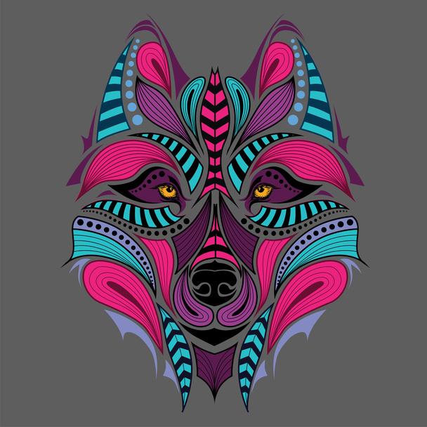 Patterned colored head of the wolf. African / indian / totem / tattoo design. It may be used for design of a t-shirt, bag, postcard and poster. - Vektor, Bild