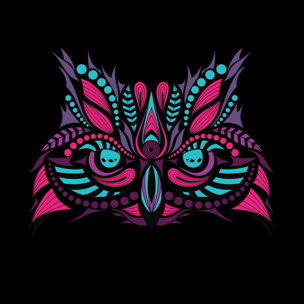 Patterned colored head of the owl. African / indian / totem / tattoo design. It may be used for design of a t-shirt, bag, postcard and poster. - Vector, Image